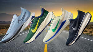 四對Nike跑鞋在夕陽下漂浮在沙漠高速公路上。