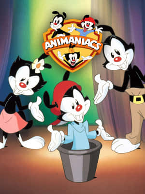 四個 Animaniacs 卡通角色與水桶和節目標誌一起擺姿勢。