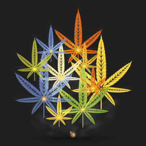 在黑暗中漂浮的發光彩色大麻葉。
