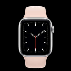 一隻現代的銀色Apple Watch搭配淡粉紅色錶帶和極簡的時鐘面。