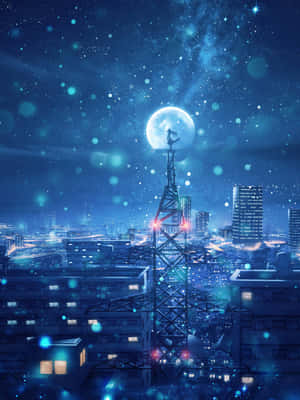 發光的月亮下，漂浮著藍色粒子的未來城市夜景。