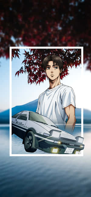 動漫風格的年輕男子與白色AE86跑車，在湖邊的紅楓樹下。