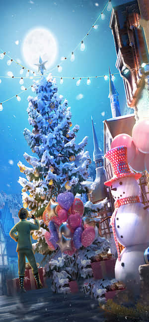 孩子在滿月下與雪人和氣球一起裝飾雪聖誕樹。 — Galaxy M 壁紙