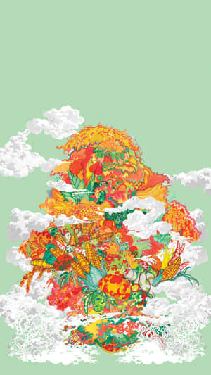 一座由水果和蔬菜組成的奇特山峰，漂浮在雲層之間。 — 中國新年 壁紙