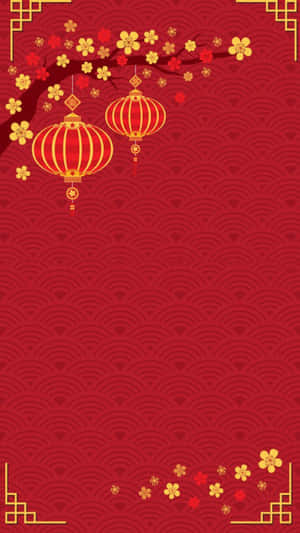 紅色背景配金色燈籠和梅花，用於農曆新年慶祝。