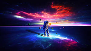 太空人在發光的宇宙行星上手持太陽，下方是色彩繽紛的星雲天空。 — 美學圖案 壁紙
