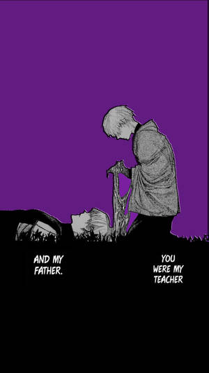 動漫角色手持法杖對著倒下的身影，帶有文字「AND MY FATHER. YOU WERE MY TEACHER」，背景為紫色天空。