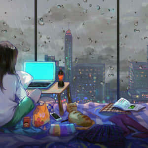 女孩和貓在床上觀看城市窗外的夜雨 — 精緻美觀 壁紙