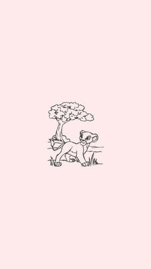一幅線條藝術插圖，描繪一隻獅子幼崽站在粉紅色背景的樹旁。