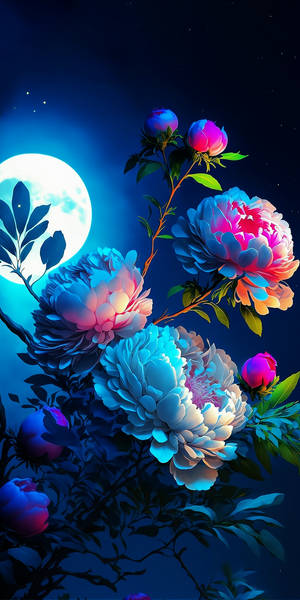發光的牡丹在閃耀的滿月下綻放於繁星點點的夜空。
