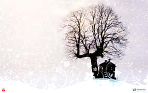 雪景冬日場景中樹木和房屋的剪影，帶有花卉圖案。