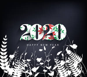 深色背景上帶有花卉圖案和植物剪影的2020新年快樂圖形