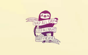 紫色樹懶拿著寫有 nap all day sleep all night party never 的橫幅。 — 樹懶 GIF 壁紙