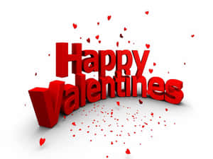 紅色3d文字寫著Happy Valentines，漂浮的心形在白色背景上。