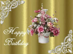 金色背景上，白色桶子裡有粉紅色花朵的Happy Birthday祝福。