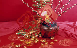中國新年裝飾，包括紅包、金元寶和節日飾品，置於紅色布料上。 — 中國新年 壁紙