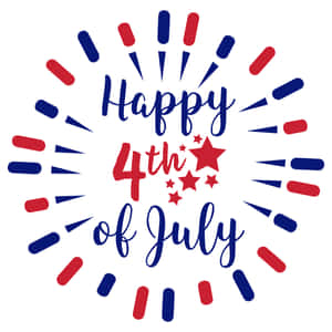 Happy 4th of July 文字，帶有紅色星星和藍紅色煙火爆發。