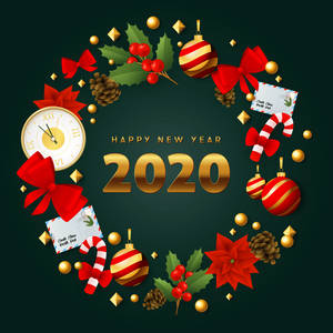 節日新年2020問候，帶有紅色蝴蝶結、拐杖糖和裝飾品，背景為深綠色。