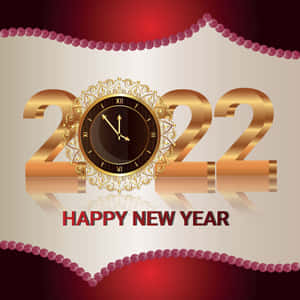 2022年新年快樂，金色時鐘和紅色珠飾邊框。