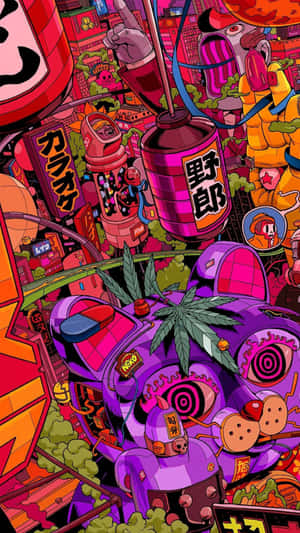 充滿活力的動漫城市景觀，帶有霓虹燈招牌和卡通角色。