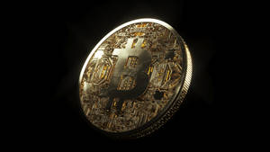 金色比特幣硬幣，帶有電路板設計，黑色背景