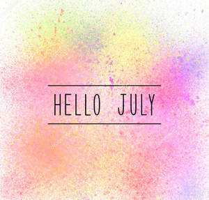 Hello july 文字居中在色彩繽紛的水彩背景上。