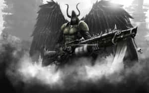 一個有翼有角的惡魔戰士在風暴黑暗場景中手持重型武器。