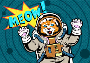 一隻卡通貓太空人揮舞著帶有meow對話框。