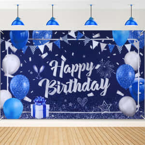 藍白色生日派對背景，有氣球和五彩紙屑。 — 生日蛋糕 壁紙