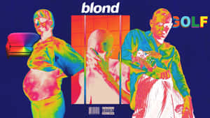 三個風格化人物以熱成像色彩呈現，背景為藍色，帶有「blond」和「GOLF」文字。 — Tyler the creator GIF 壁紙