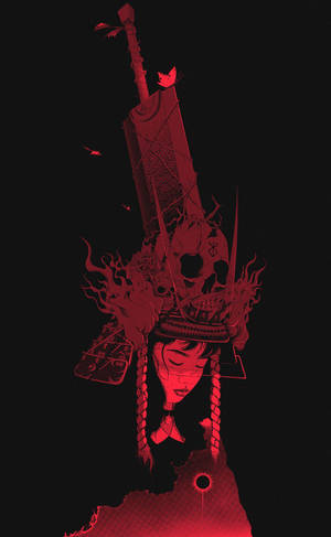紅色武士戰士，戴骷髏頭盔，持劍，深色背景。