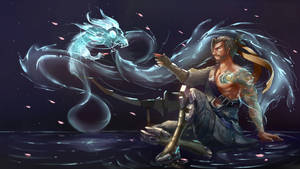 戰士在星空下從水中召喚發光藍龍，粉色花瓣。