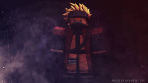 Roblox鳴人，發光的紅色眼睛和尖刺頭髮，在黑暗煙霧背景中。