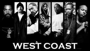 七位西岸嘻哈藝術家的黑白肖像，下方有「WEST COAST」文字。