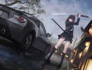 動漫女孩持刀站在雨夜都市街道上的黑色跑車旁。