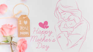 母親抱著熟睡的孩子，配上粉紅玫瑰和「Happy Mother's Day」標籤。
