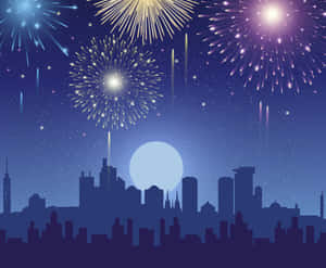 煙花在夜間滿月下於城市天際線上方綻放。 — 煙火 壁紙