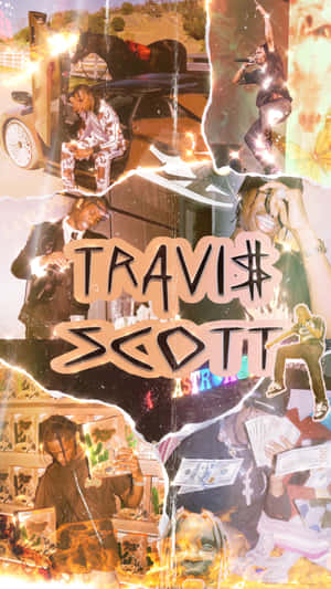 Travis Scott 拼貼畫，以豪華汽車、金錢和沙漠場景搭配發光效果為特色。