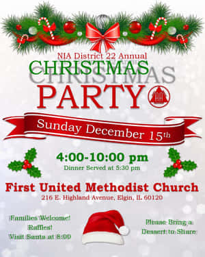 NIA District 22 在 First United Methodist Church 舉辦的聖誕派對海報，包含活動詳情和節日裝飾。 — 可愛聖誕動圖 壁紙