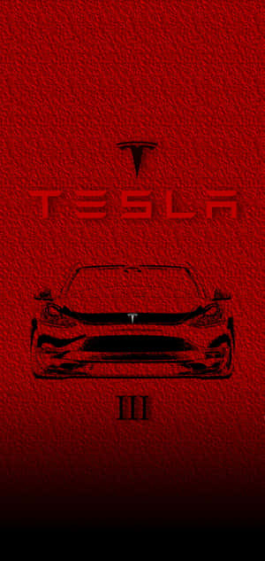在紅色紋理背景上，帶有標誌和羅馬數字 III 的 Tesla 汽車剪影。