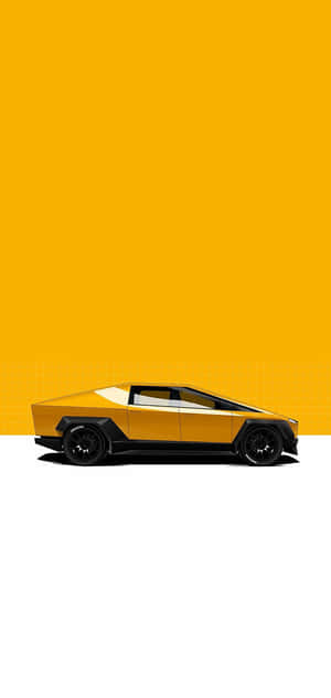 黃色 Tesla Cybertruck 帶黑色點綴，置於黃色網格背景上。