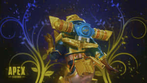 身穿金色盔甲的Apex Legends角色，帶有發光的漩渦和粒子。