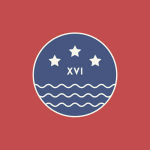 圓形徽章，帶有星星和波浪，羅馬數字 XVI 在紅色背景上