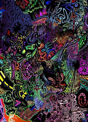 一幅混亂的迷幻藝術作品，在黑色背景上充滿了霓虹色的塗鴉。