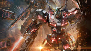 Gundam機甲在爆炸性戰鬥場景中發射能量武器