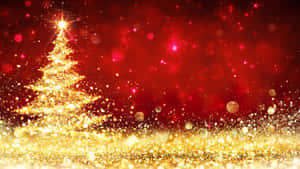 金色聖誕樹在紅色背景上閃爍節日光芒。