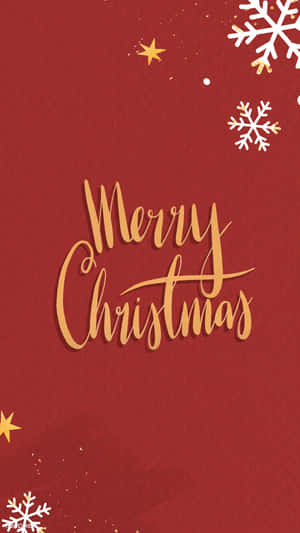 紅色背景上金色草書 Merry Christmas，配雪花和星星