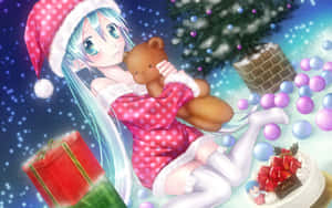 戴聖誕帽的動漫女孩在聖誕樹和禮物附近擁抱泰迪熊。