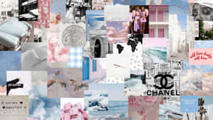 色彩繽紛的拼貼畫，包含 Chanel 標誌、海灘場景和時尚元素，以柔和色調呈現。 — 桌面美學 壁紙