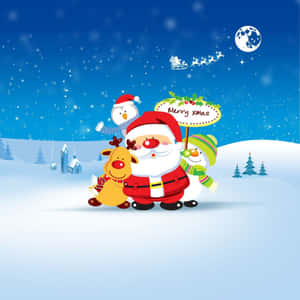 聖誕老人與馴鹿和雪人在雪白冬日場景中舉著「Merry Xmas」標語。 — 簡約聖誕 壁紙